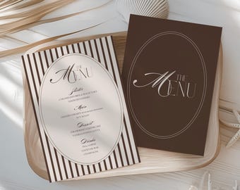 Menu weselne: Dekoracja stołu z papeterii w kolorze espresso i starych pieniędzy (Canva Editable, 5x7)