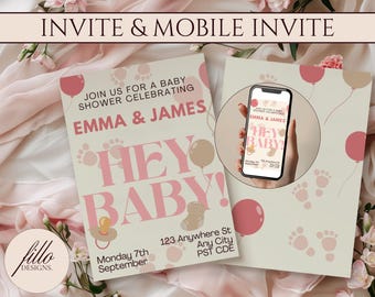 Szablon zaproszenia na baby shower dla dziewczynki: Edytowalne zaproszenie Canva (format 5x7 i Mobile Evite)