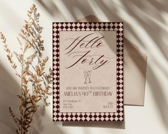 40. Geburtstag Einladungsvorlage: Bordeauxrot Kariert Hello Forty (Digitaler Download)