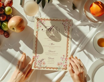Dinner Party Menu Template: Orange Pink Floral Elegant Flowers Style (5x7, Canva Editable)