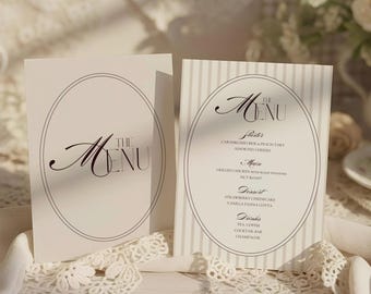 Menu weselne: Espresso Cream, beżowo-brązowa papeteria, dekoracja stołu w stylu Old Money (Canva Editable, 5x7)