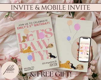 Szablon zaproszenia na przyjęcie urodzinowe dla dziewcząt: Pawty Dog Invite i Evite (Canva Editable, 5x7)