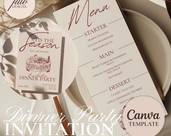 Weihnachtsessen Party Einladung Set: Bearbeitbare Canva Vorlage