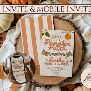 Peut inclure: Une invitation sur le thème de l'automne avec le texte "INVITE & MOBILE INVITE". L'invitation présente un thème de champ de citrouilles avec des citrouilles et le texte "Join us at the Pumpkin Patch for Amelia's 10th Birthday Party." Un téléphone affiche le même design.