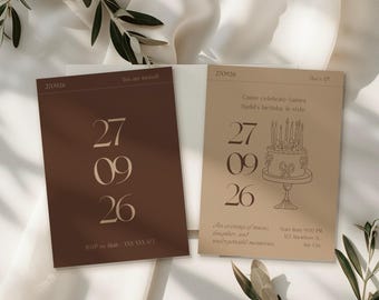 Bearbeitbare Geburtstagseinladungsvorlage: Brauner Cappuccino Elegantes altes Geld Kalligraphie Canva Digital Download