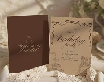 Bearbeitbare Geburtstagseinladungsvorlage: Brauner Cappuccino Elegantes altes Geld Kalligraphie Canva Digital Download