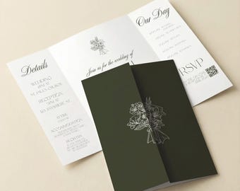 Program zaproszeń ślubnych w kolorze oliwkowo-zielonym: RSVP w trzech odsłonach Old Money (pobieranie z Canva)