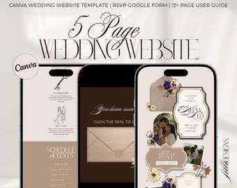 Espresso Brown Hochzeitswebsite: Interaktives Antwortschreiben-Formular, 5-seitige Website, Canva bearbeitbar, Sofort-Download