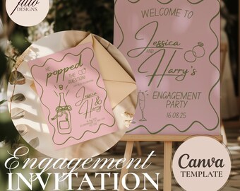 Funky Pink & Grün-Verlobungsfeier-Einladung und Poster (Canva Template)