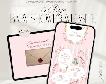 Peter Rabbit Pink Baby Girl Shower Website: Interactive RSVP Evite (Canva Download)