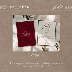 May include: Two invitation cards, one burgundy and one cream, with elegant script. The burgundy card reads "You are invited." The cream card says "Lucky 21" with event details. The cards are 5x7 inches.