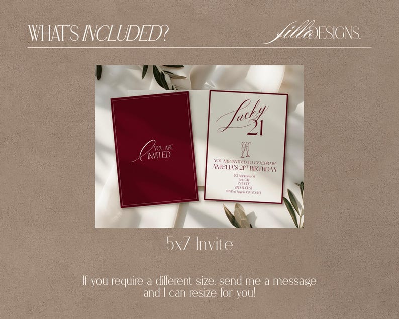 May include: Two invitation cards, one burgundy and one cream, with elegant script. The burgundy card reads "You are invited." The cream card says "Lucky 21" with event details. The cards are 5x7 inches.