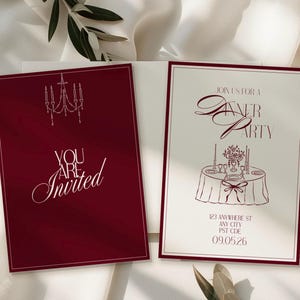 Puede incluir: Dos tarjetas de invitación con diseños burdeos y blancos. Una tarjeta dice "YOU ARE Invited" con una ilustración de candelabro. La otra dice "Join us for a Dinner Party" con una ilustración de mesa.