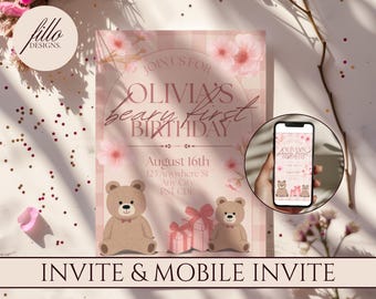 Bär zum ersten Geburtstag Einladung Vorlage: Kinder 1. Geburtstag, Bär Thema (Canva bearbeitbar, digitaler Download)