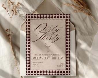 30. Geburtstagseinladungsvorlage: Dirty Thirty, rot kariertes Thema (Canva bearbeitbar, digitaler Download)