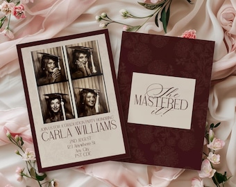 She Mastered It: Burgundy Old Money College Graduation Party Invitation (Canva, Editable Template)