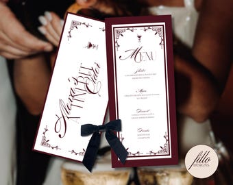 Burgundy Old Money Birthday Menu Template: Red & White Dinner (Canva Editable)