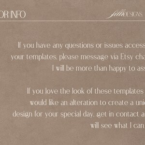 May include: A tan background with white text that reads "FOR INFO" at the top. The text below provides information about accessing templates and requesting custom designs. The Etsy shop name "fill&DESIGNS" is in the upper right corner.