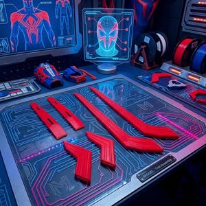 Könnte beinhalten: Eine Werkstattszene mit verschiedenen Komponenten für ein Spider-Man-Kostüm. Rote und blaue Teile sind auf einem Tisch mit Leiterplattenmuster angeordnet. Ein Computerbildschirm zeigt ein Spider-Man-Design, und eine leuchtende Maske ist sichtbar.