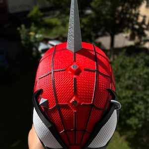 May include: A red and black Spider-Man mask with a silver spike on top. The mask has a web pattern and white mesh eye coverings. The mask is held up against a green background.