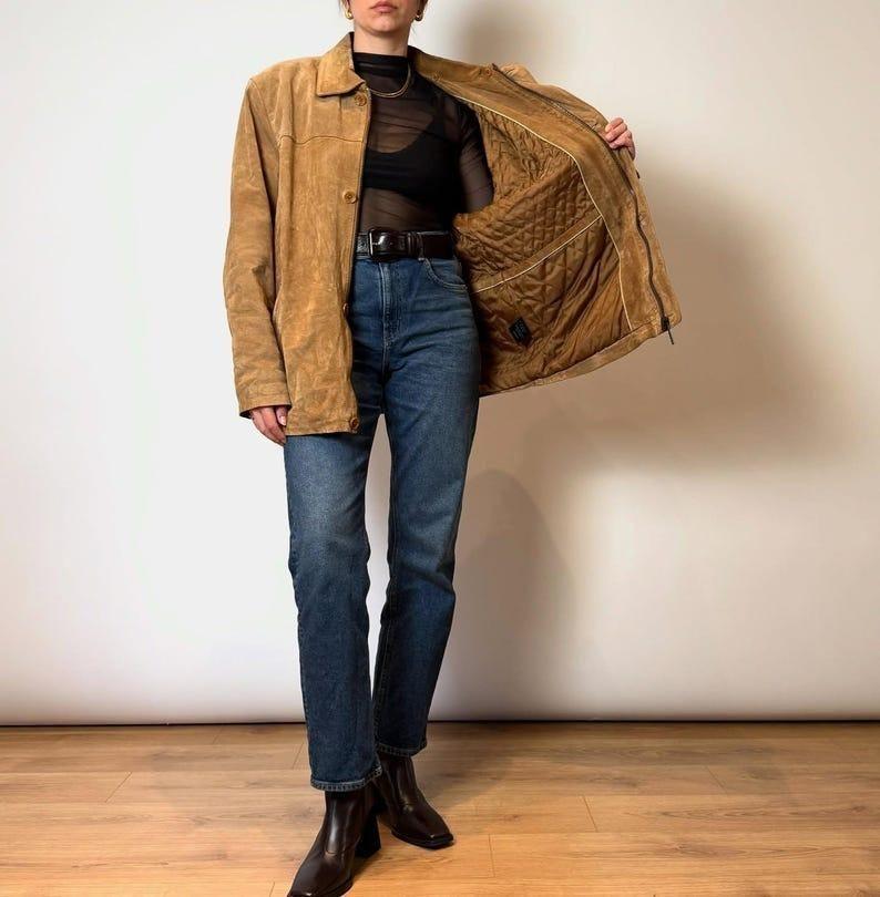 ヴィンテージブラウンスエードレザーコート：90年代風冬アウター