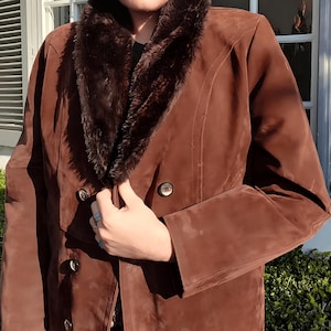 Vintage 90s Women’s Penny Lane Coat – Long Brown Afghan Suede Shearling Trench, Handmade Boho Hippie Winter Fur Jacket | Unique Gift for Her