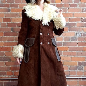 Women's Brown Penny Lane Coat – Premium Shearling Afghan Suede | Handmade Genuine Leather Long Coat | Vintage Fur Boho Winter Trench Coat