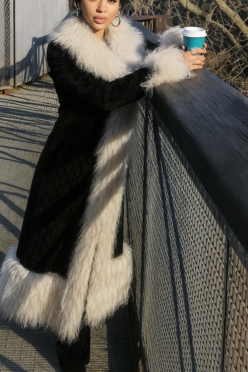 Vintage 90s Black Suede Penny Lane Coat: Handmade Afghan Fur Trim