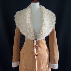 Women's Vintage 90s Style Brown Sheepskin Suede Leather Trench Coat Long Shearling Penny Lane Style, Handmade Boho Hippie Coat, Gift for Her