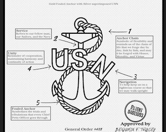 May include: A black and white illustration of a gold fouled anchor with a silver USN superimposed on it. The anchor is surrounded by a rope and has a chain attached to the top. The illustration is labeled "United States Navy Chief Petty Officer Anchor" and includes a description of the anchor's symbolism. The text "General Order #409" and "Approved by BENJAMIN F. TRACEY Secretary of the Navy" are also included in the image.