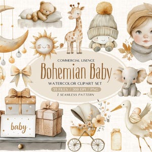 Clipart neutro para bebê, clipart de animal boho aquarela, convite para chá de bebê boho, clipart boho aquarela, clipart de bebê boho recém-nascido