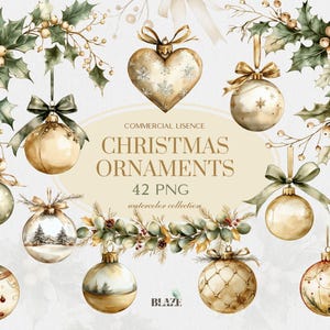 Watercolor Ornaments Christmas Balls, Gold Christmas Balls, Green and Gold Christmas Decor, Xmas Balls Clipart, Merry Christmas PNG