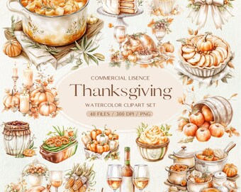 Watercolor Thanksgiving Clipart Collection, Thanksgiving Food Clipart Set, Unique Harvest Elements, Cozy Fall Vibes, Watercolor Turkey PNG,