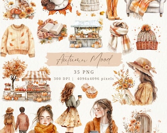 Rustic Fall ClipArt, Cozy Watercolor Clipart, Autumn Mood ClipArt Bundle, Fall Scrapbooking ClipArt, Cozy Fall Themed PNG, Commercial Use