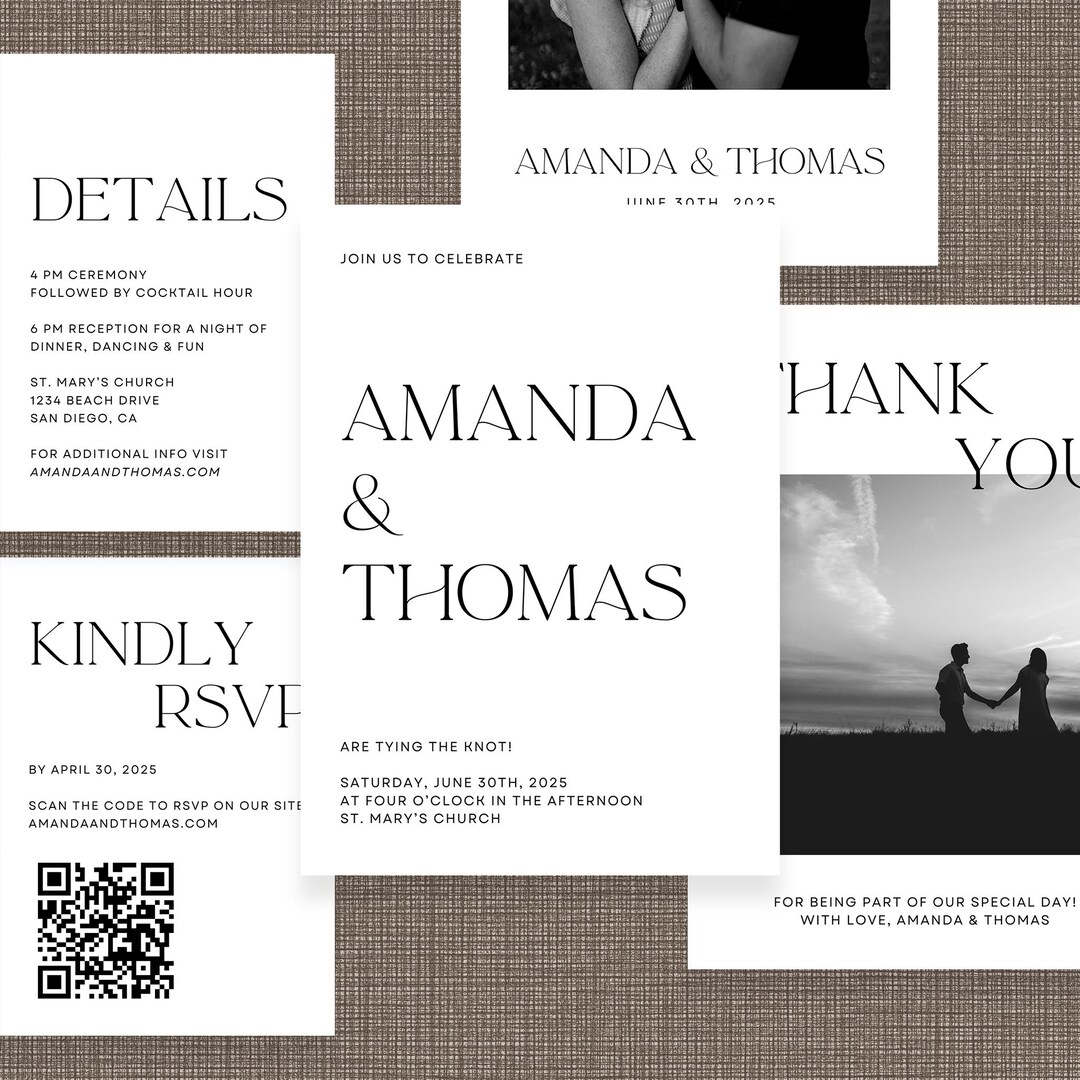 Modern Minimalist Wedding Invitation Bundle, Editable Printable Digital ...