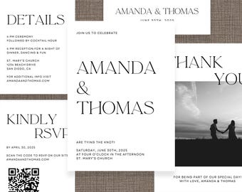 May include: Black and white wedding invitation suite with a simple design. The invitation features the couple's names, Amanda and Thomas, and the wedding date. The RSVP card includes a QR code for guests to respond online. The thank you card features a black and white photo of the couple.