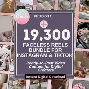 Puede incluir: Un anuncio de producto digital con un panel central de color morado oscuro con el texto PIKUIDIGITAL, 19,300 FACELESS REELS BUNDLE FOR INSTAGRAM & TIKTOK, Ready-to-Post Video Content for Digital Creators, e Instant Digital Download.