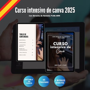 Puede incluir: Dos tabletas que muestran un curso de Canva. Una tableta muestra una tabla de contenidos, la otra muestra el título del curso y "Guía Paso a Paso". La imagen incluye texto que dice "Editable en Canva", "45 Paginas", y "+ Bonus Gratis".