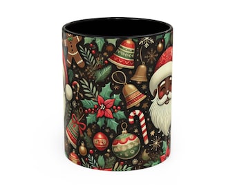 Black Santa Coffee Mug (11, 15oz) - Cheerful Christmas Mug, African American Santa Claus Cup, Holiday Cheer Drinkware, Festive Cocoa