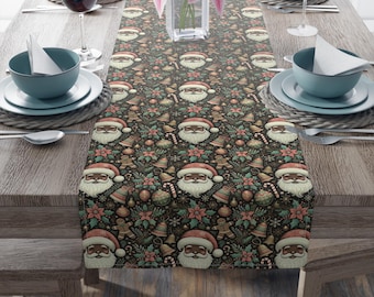 Santa Table Runner, Cotton Christmas Decoration, Jolly Black Santa Linen, Holiday Dining Decor, Festive Poly Tablecloth, Winter Kitchen Mat,