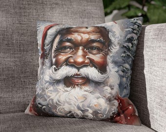 Copricuscino natalizio con Babbo Natale nero allegro, decorazioni natalizie, accessori per la casa natalizi, cuscino da tiro, federa per cuscino con Babbo Natale