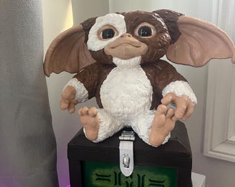 Hand-Painted Gizmo Figurine on Gremlins Movie Chest: 80s Horror Collectible