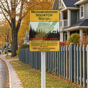 Può includere: Un cartello giallo e nero su un palo bianco recita "NEIGHBORHOOD SQUATCH WATCH" con un'illustrazione di un'impronta di Bigfoot e una scena forestale. Il cartello indica anche "Segnala attività sospette" ed elenca i tipi di prove necessarie.