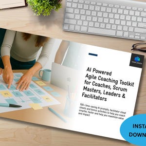 May include: An image of a desk with a white keyboard, a notebook, and a cup of coffee. A document titled "AI Powered Agile Coaching Toolkit" is on the desk. Two people are pointing at a diagram with sticky notes and pens.