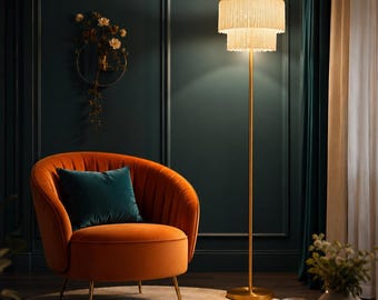 2-Light Gold Boho Floor Lamp with Tassel Fringe Shade, 66” Tall Mid Century Standing Lamp, Bohemian Bedroom Floor Light for Living Room