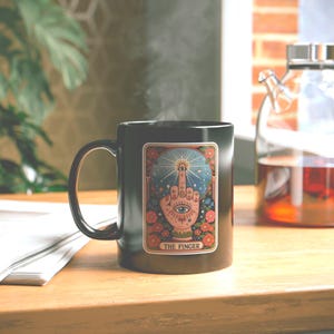 The Finger Tarot Themed Black Mug for Coffee Lovers, Unique Gift for Housewarming, Tea Drinkers, Spirituality Enthusiasts, 11oz or 15oz