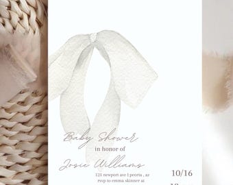 May include: A white watercolor bow with a light pink outline. The text "Baby Shower in honor of Josie Williams" is below the bow. The date and time of the event are listed below the name: "10/16 12 pm".