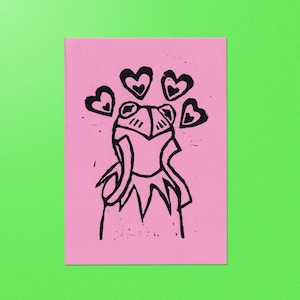 Kermit Hearts Meme - A6 Hand-carved linoprint