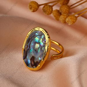 Pode incluir: Um anel dourado com uma concha de abalone oval que exibe cores iridescentes de azul, verde e roxo. O anel tem uma banda de ouro texturizada e um design de haste dividida. O anel está sobre um fundo rosa suave.