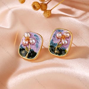 Pink Flower Pearl Earrings: Vintage Enamel 18K Gold Studs